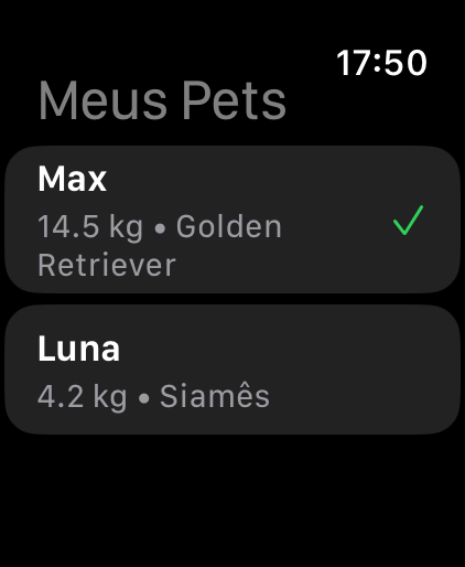 Seleção de Pets no Apple Watch